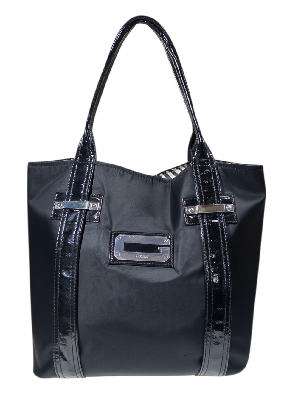 Guess Black Nylon and Patent Leather Trim Tote Bag with Zebra Print Lining